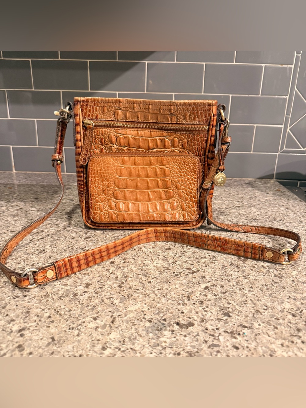 Brahmin Cleo Melbourne croc-embossed leather crossbody bag pecan brown